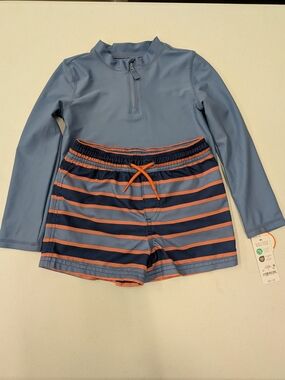Boys 2PC Swim Set Rash Guard & Shorts Size 4T Blue Orange